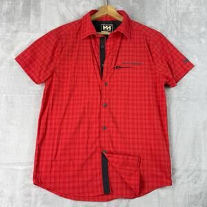 Helly Hansen Red Plaid Performance Shirt Men Size S Hiking Outdoor Short Sleeve